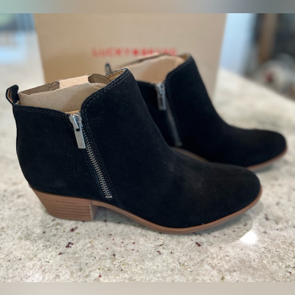 Lucky Brand Women's Black Suede Ankle Booties with Side Zip